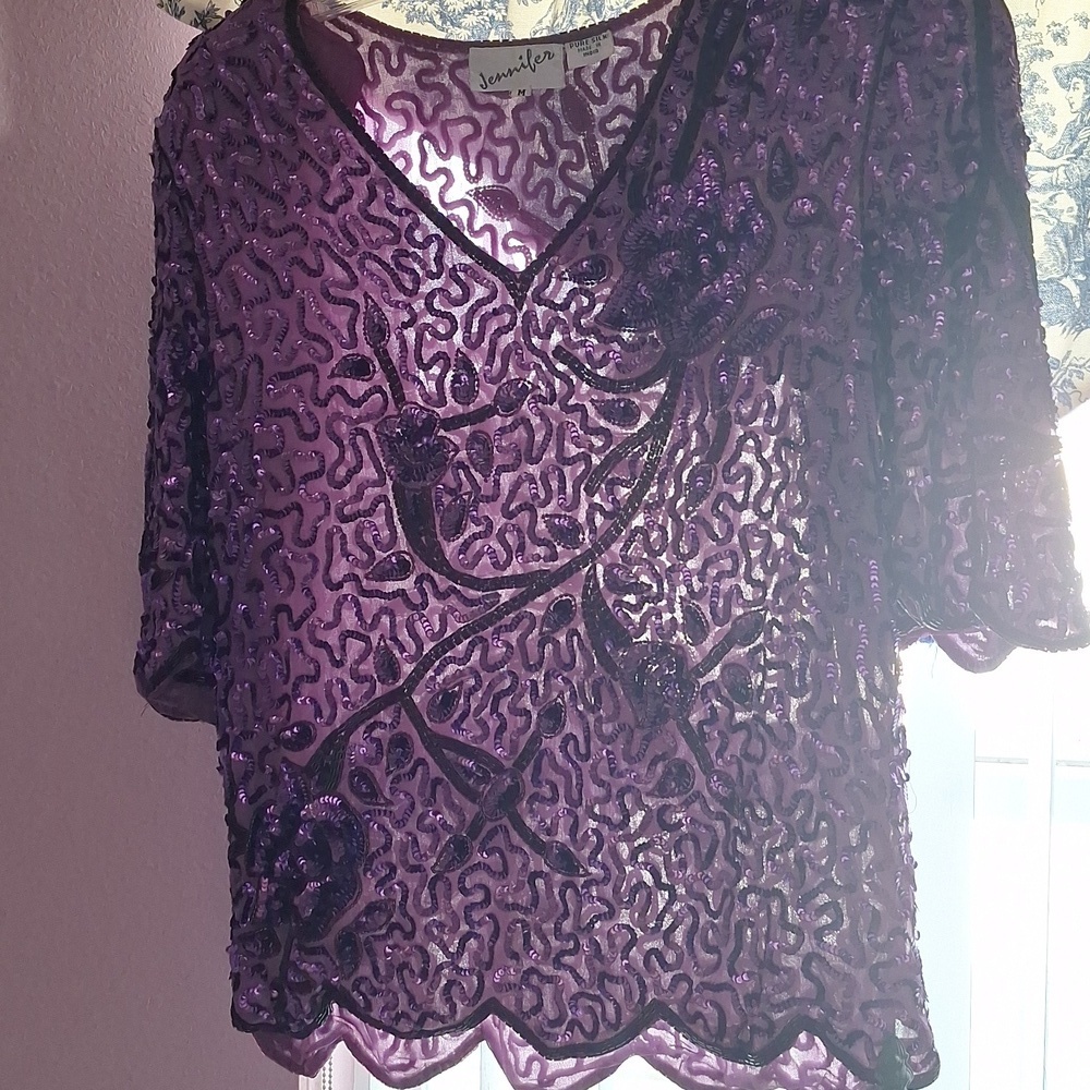 Purple Beaded Sheer sequin 2pc Top And Skirt - Picture 12 of 17